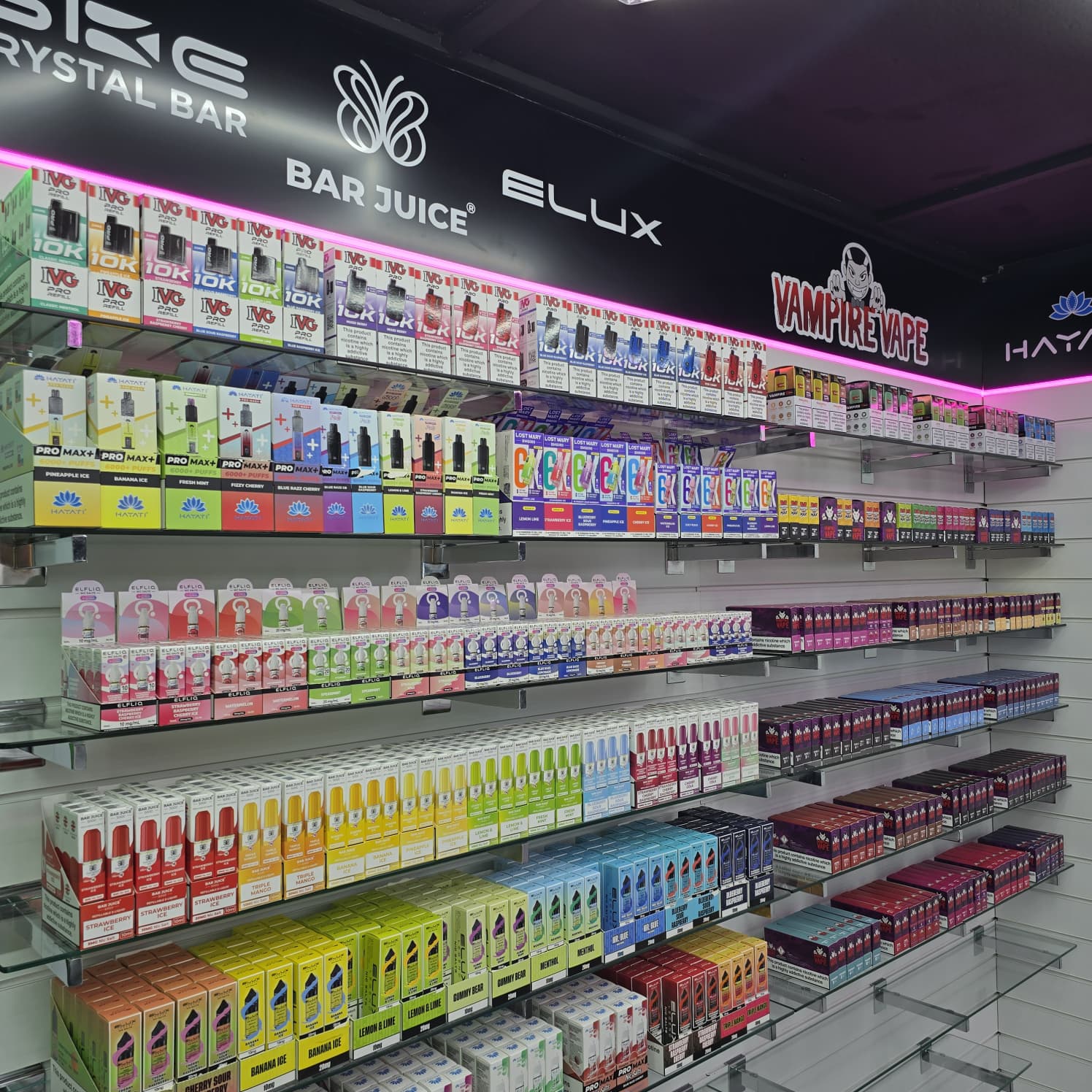 Full brand wall including Bar Juice, Elux, IVG