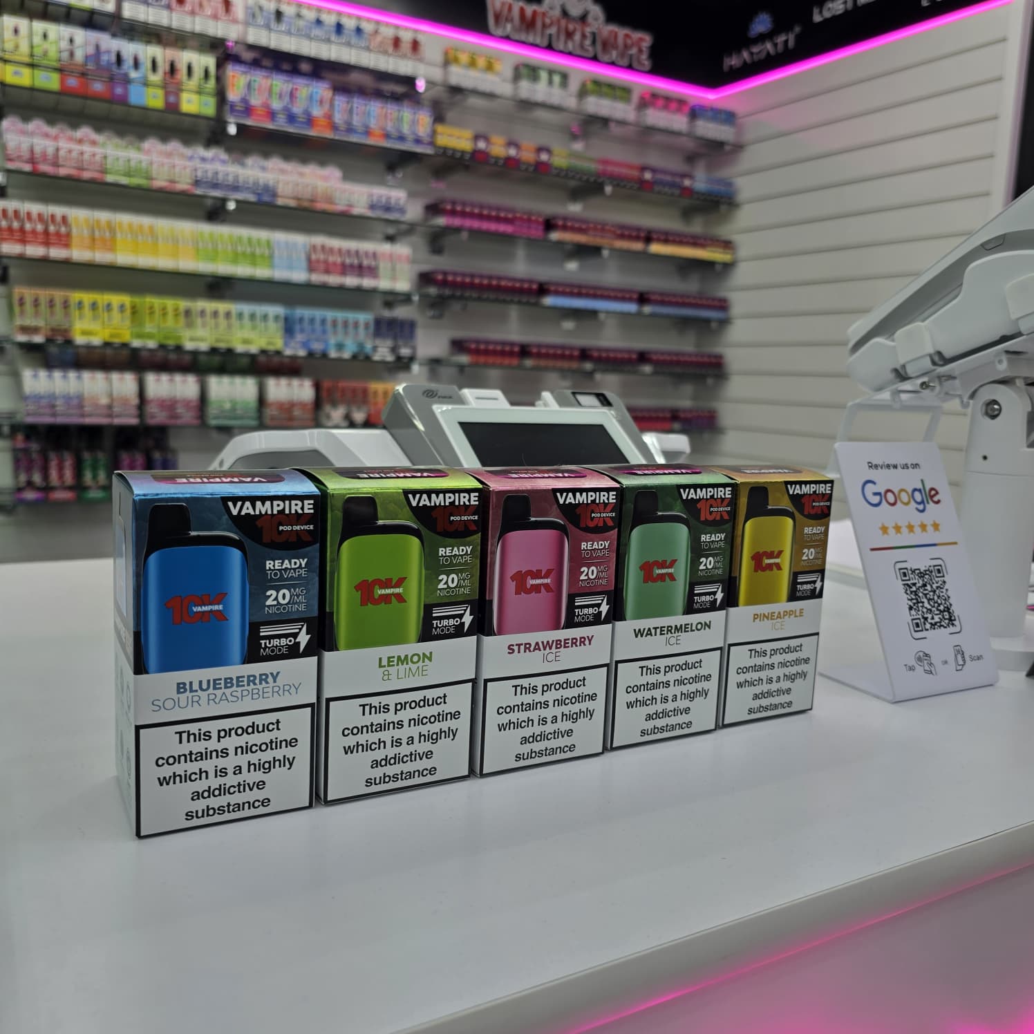 Counter display with Vampire Vape 10K products